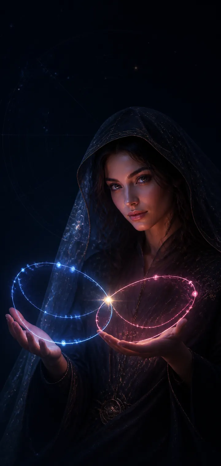 A fictional celestial cartographer holding indigo and rose orbital rings that meet at a golden point.